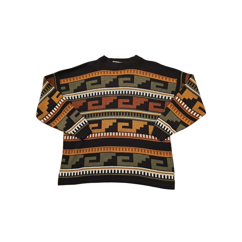 Vintage Clifton Place USA Southwest Aztec Knit Sweater Men's XL Brown Green